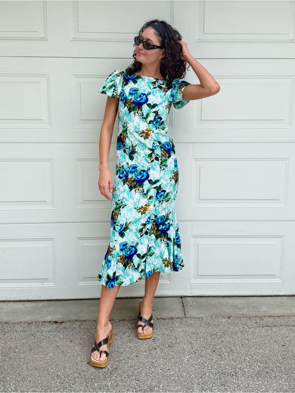 Vintage Hawaiian Midi Dress Blue Floral Sundress Cotton Blend Paradise Honolulu